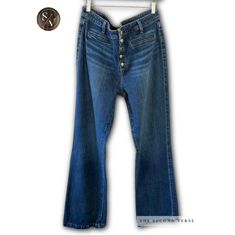 Paige  Leenah Womens 33 Waist High Rise Wide Leg Jeans Exposed Button Front - Picture 2 of 8